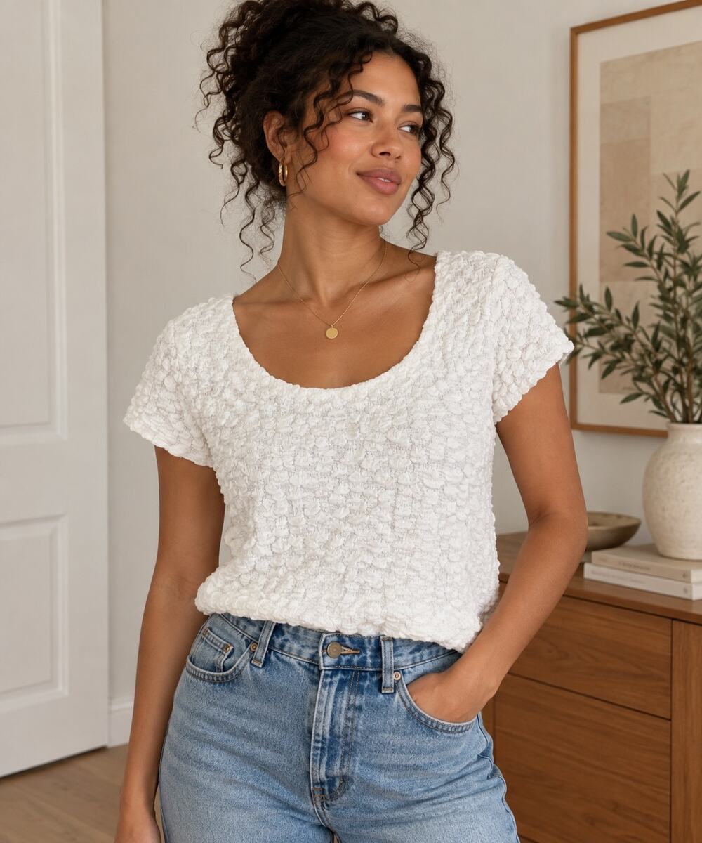 Maeve Anthropologie White Textured Bubble Knit Scoop Neck Top ✨